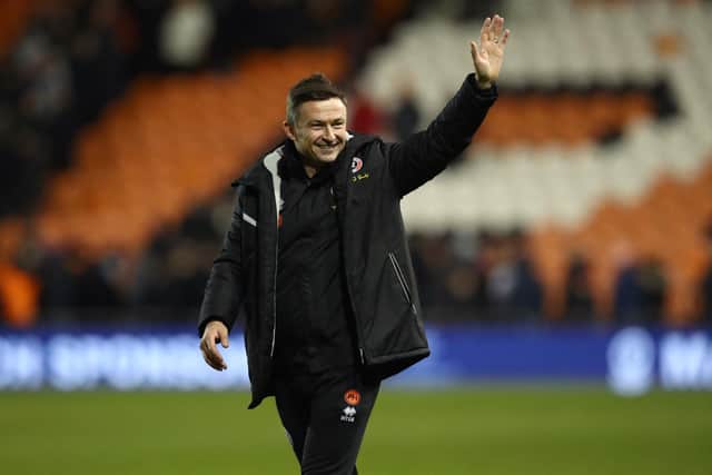 Sheffield United manager Paul Heckingbottom celebrates after the Sky Bet Championship match at Bloomfield Road, Blackpool. Picture: Tim Markland/PA.