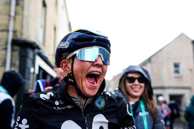 Skipton's Cat Ferguson (Movistar Team) reacts after winning a stage of the Tour of Britain in 2025 (Picture: SWPix)