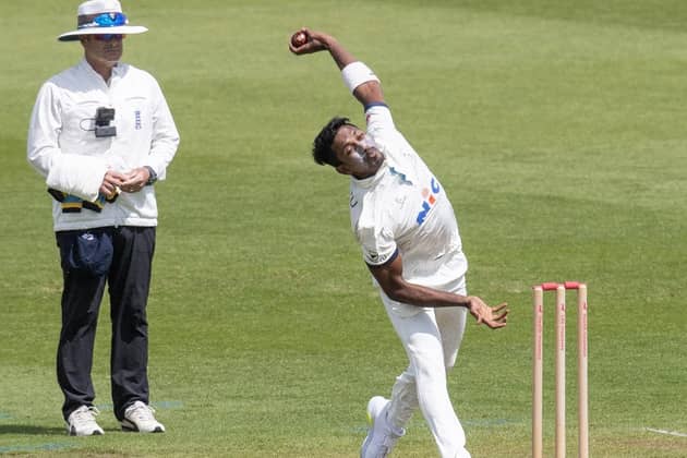 Vishwa Fernando sends down his first delivery in a Yorkshire shirt at Wantage Road on Saturday. Picture: John Heald.