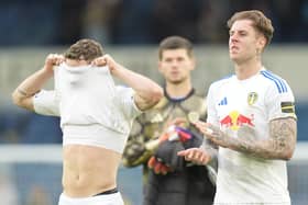 Leeds United players Gabriel Gudmundsson (left) and Joe Rodon (right) show dejection after their side's draw against AFC Bournemouth in the Premier League match at Elland Road, Leeds. Picture: Danny Lawson/PA Wire.