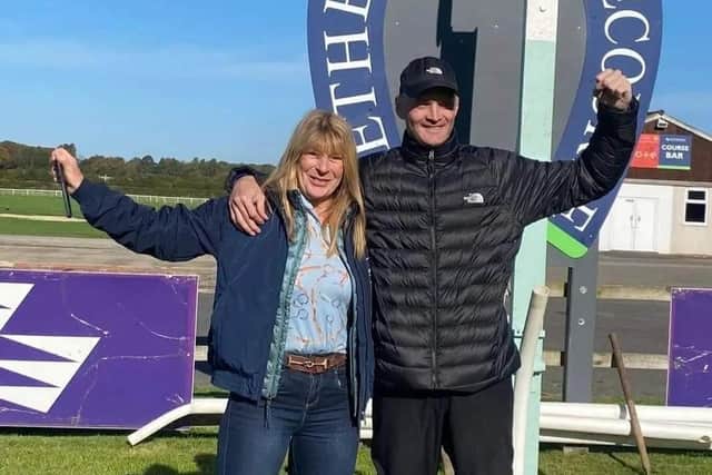 Alison Garner and Steven Coyle visit Wetherby racecourse ahead of taking part in a charity race in aid of the British Horse Society.
