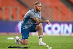 DOUBTFUL: England's Ben Stokes is considered doubtful as he looks on during a nets session at Narendra Modi Stadium ahead of Thursday's World Cup opener against New Zealand. Picture: Gareth Copley/Getty Images)