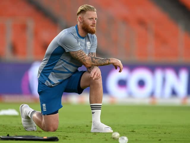 DOUBTFUL: England's Ben Stokes is considered doubtful as he looks on during a nets session at Narendra Modi Stadium ahead of Thursday's World Cup opener against New Zealand. Picture: Gareth Copley/Getty Images)