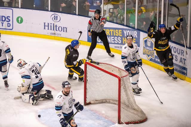 GREAT LEVELLER: Cole Shudra (far right) celebrates scoring Leeds Knights equaliser against Sheffield Steeldogs towards the end of the first period. Picture: Bruce Rollinson