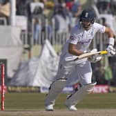BACK ON FORM: Yorkshire's Joe Root pushes through the covers in his knock of 73 for England against Pakistan on day four of the first Test match in Rawalpindi Picture: AP Photo/Anjum Naveed