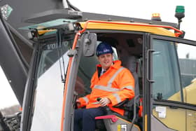 Tees Valley Mayor Ben Houchen operates plant machinery during a photo call at a ceremony to mark the ground-breaking of the Net Zero Teesside project on September 27, 2023.