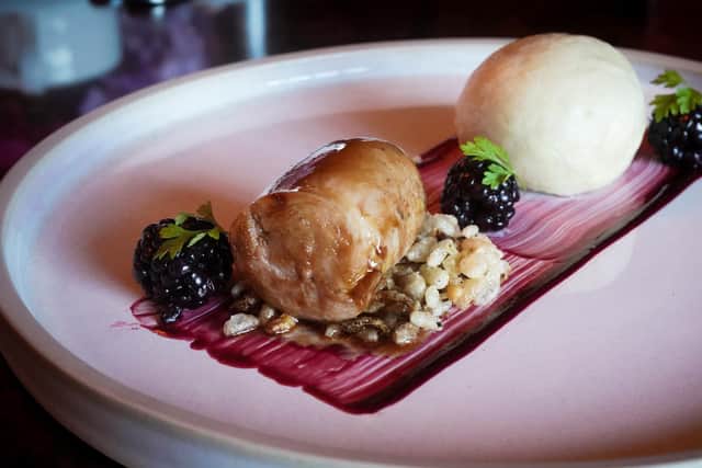 Breast of pheasant with braised leg bun blackberry gel and puffed rice
Picture Dave Lee