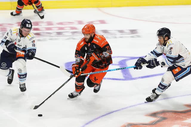 TOP MAN: Robert Dowd in action for Sheffield Steelers in the 6-0 Challenge Cup win at home to Coventry on Saturday - the following night he broke Ron Shudra's longstanding points-scoring record for the club in a 5-4 win at Guildford. Picture: Hayley Roberts/Steelers Media.