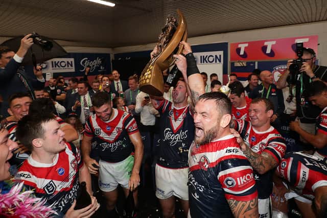 Jared Waerea-Hargreaves celebrates the Roosters' 2019 Grand Final triumph. (Photo by Mark Metcalfe/Getty Images)