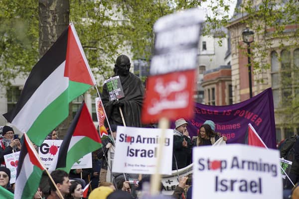 People gather in Parliament Square ahead of a pro-Palestine march in central London. PIC: Jeff Moore/PA Wire