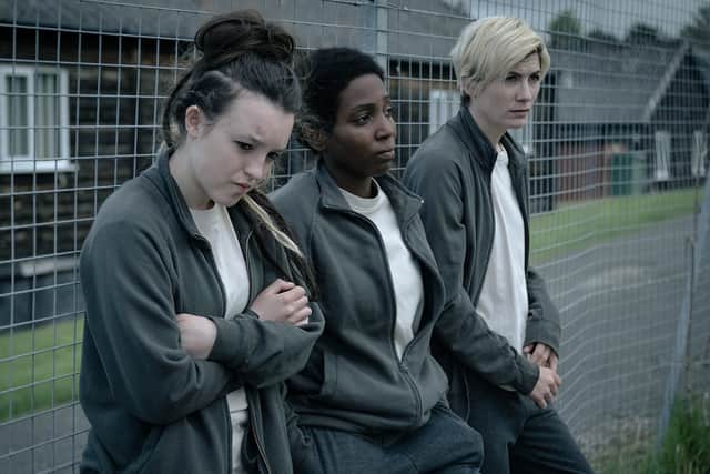 Bella Ramsey as Kelsey, Tamara Lawrance as Abi, Jodie Whittaker as Orla in Time 2. Picture: BBC Studios/Sally Mais