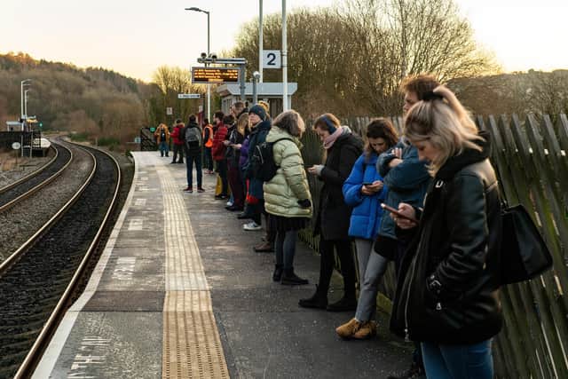 Manchester bound commuters at Slaithwaite Railway Station.  Picture Bruce Rollinson