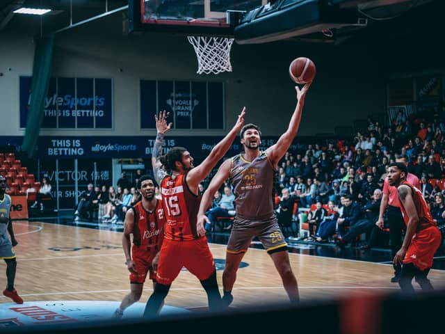 Attacking the rim: Bennett Koch, right, goes up for a two-pointer in the Sheffield Sharks' win at Leicester Riders on Friday. (Picture: Adam Bates)