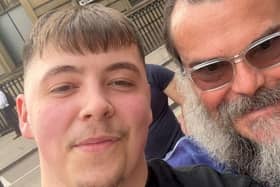 Mathew Evans with Jack Black in Leeds City Centre. Mathew, an electrician, says Jack was more than happy to have photos with him and his friend but 'didn't want the attention' from anyone else.