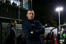 Barnsley manager Neill Collins looks on prior to the club's ill-fated FA Cup first-round replay at Horsham earlier this month. Photo by Charlie Crowhurst/Getty Images.