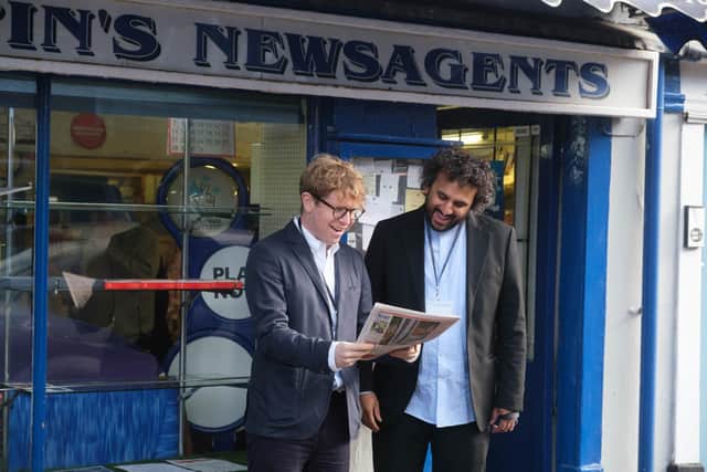 Josh Widdicombe and Nish Kumar check out their work. Picture: 2024 © CPL Productions/Sky UK/Photographer: Joss Barratt.