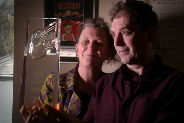 Kath Shackleton and Zane Whittingham pictured with a Television Award at Fettle Animation, Marsden, Huddersfield.  Picture by Simon Hulme.