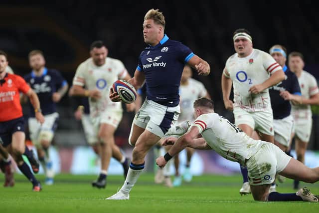 Duhan van der Merwe of Scotland breaks with the ball to score his first and Scotland's second try during the Six Nations Rugby match between England and Scotland (Picture: David Rogers/Getty Images)