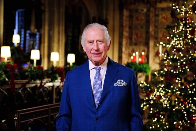 King Charles III during the recording of his first Christmas broadcast in the Quire of St George's Chapel at Windsor Castle.