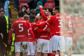 Nicky Cadden celebrates scoring Barnsley's third goal from a free kick. Picture: Bruce Rollinson
11 March 2023.