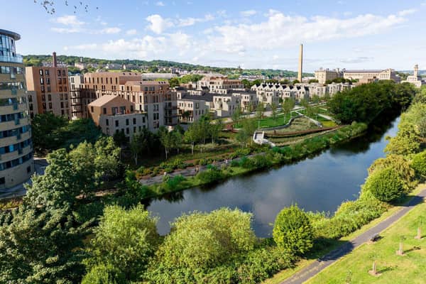 Plans to transform a vacant office block on the edge of the Salts Mill World Heritage Site in Saltaire, Shipley into a residential quarter and riverside park have been submitted.