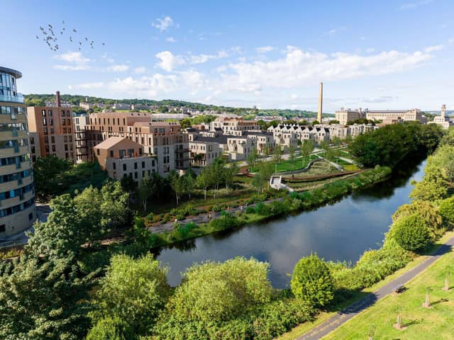 Plans to transform a vacant office block on the edge of the Salts Mill World Heritage Site in Saltaire, Shipley into a residential quarter and riverside park have been submitted.