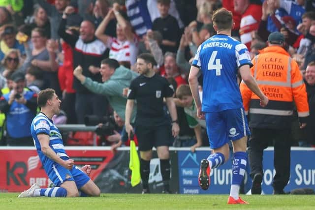 GOOD TIMES: Harrison Biggins celebrates putting Doncaster Rovers 2-0 up in their League Two play-off semi-final first leg match at Crewe Alexandra