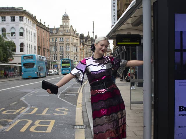 Smart Works Leeds supporter Penny Hindle wears donated sequin dress. The Smart Works Leeds Festive Fashion Sale takes place at Mabgate Mills in Leeds on December 6. Picture by Lottie Roberts.