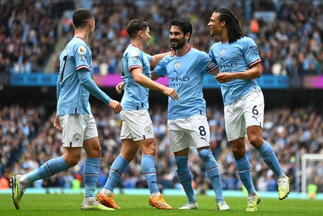 CELEBRATIONS: Ilkay Gundogan enjoys his and Manchester City's second goal