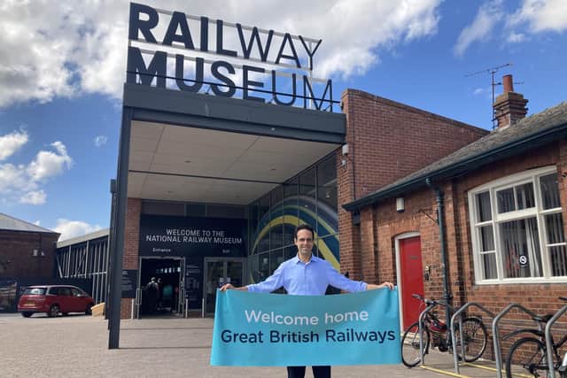 George Jabbour in front of the National Railway Museum in York promoting the city’s Great British Railways HQ bid