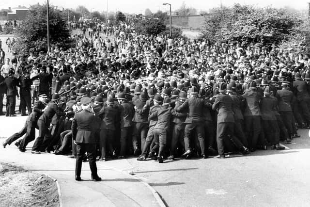 Police at the Orgreave Coking Plant in June 1984
