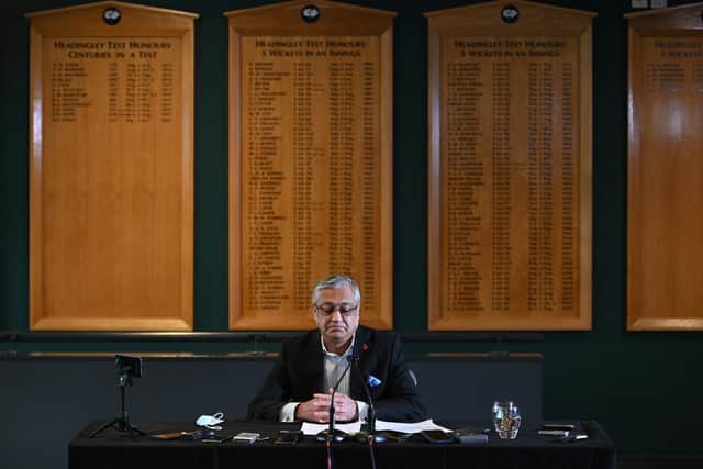 Lord Kamlesh Patel sits beneath the honours boards at Headingley in the East Stand Long Room at his inaugural press conference as Yorkshire County Cricket Club chairman in November 2021. A month later, he sacked the club's coaching and backroom staff for challenging the allegations of racism made by former player Azeem Rafiq. Photo by Oli Scarff/AFP via Getty Images.