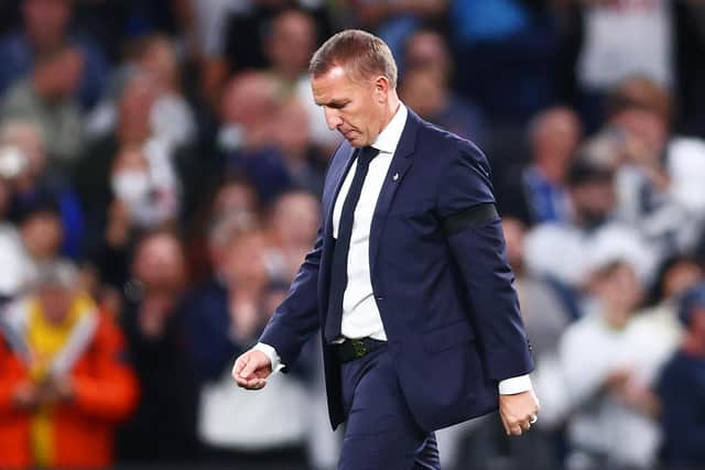 Brendan Rogers, manager of Leicester City looks dejected following his side's defeat during the Premier League match between Tottenham Hotspur and Leicester City at Tottenham Hotspur Stadium on September 17, 2022 in London, England. (Photo by Clive Rose/Getty Images)