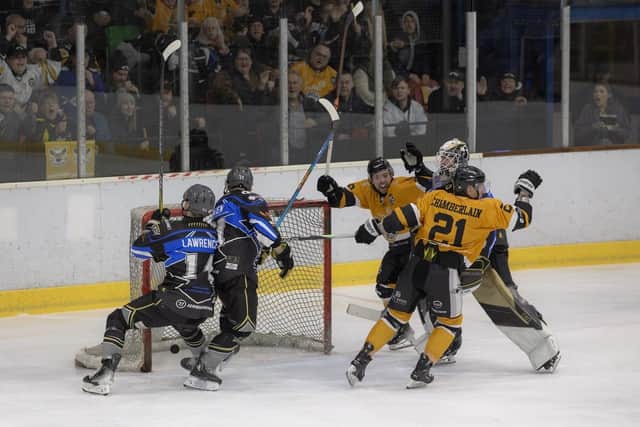 HOW's THAT FOR STARTERS: Bobby Chamberlain turns away to celebrate Hull Seahawks' first goal in their 5-4 NIHL National Cup Final first leg defeat to Milton Keynes Lightning. Picture: Adam Everitt/Seahawks Media.