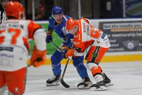 UP TOP: Sheffield Steelers' Brendan Connolly battles for puck p[ossession during Saturday's 3-2 win at Fife Flyers. Picture courtesy of Jillian McFarlane/EIHL Media.
