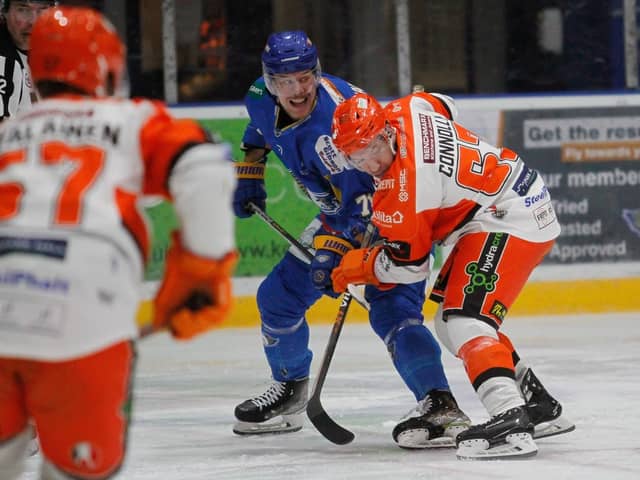 UP TOP: Sheffield Steelers' Brendan Connolly battles for puck p[ossession during Saturday's 3-2 win at Fife Flyers. Picture courtesy of Jillian McFarlane/EIHL Media.