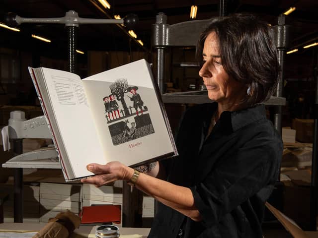 Kate Grimwade, The Folio Society's production director, with tragedies, one of the 400th  anniversary edition of Shakespear's   First Folio at Smith Settle book binders for the Folio Society.
PictureBruce Rollinson