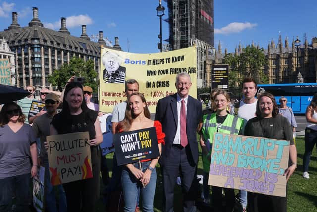 Crisis: Hilary Benn, Labour MP for Leeds South with protesters campaigning on the cladding scandal. (Photo supplied by cladding scandal campaigners)