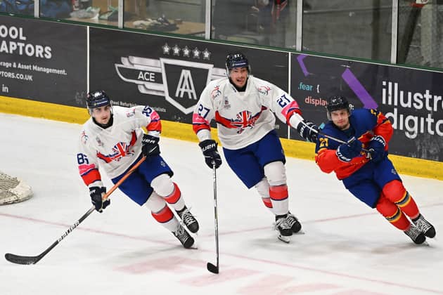 MISSING IN ACTION: Brandon Whistle (far left), in action for GB against Romania with Steelers' team-mate Cole Shudra in the Olympic Pre-Qualifiers in Cardiff back in February. Picture: Dean Woolley/IHUK Media.