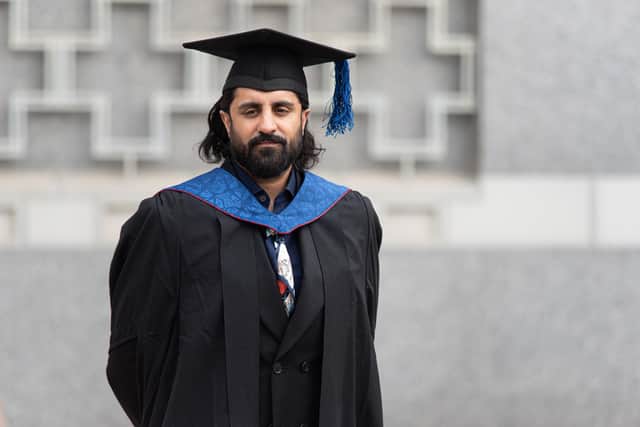 Rav Matharu collects his honorary degree from Leeds Arts University earlier this year. He graduated from there in 2009 with a first in Fashion Design. Picture by Luke Holroyd.