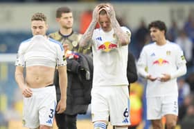 Leeds United players Gabriel Gudmundsson (left) and Joe Rodon (centre) show dejection after their side's draw against AFC Bournemouth in the Premier League match at Elland Road, Leeds. Picture: Danny Lawson/PA Wire.