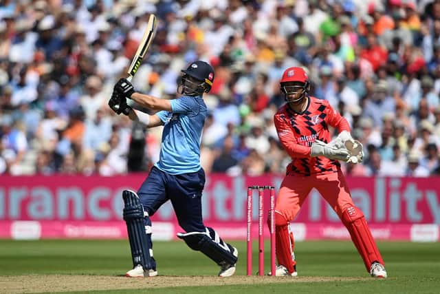 Jordan Thompson hits out during last summer's T20 semi-final against Lancashire at Edgbaston. Photo by Alex Davidson/Getty Images.