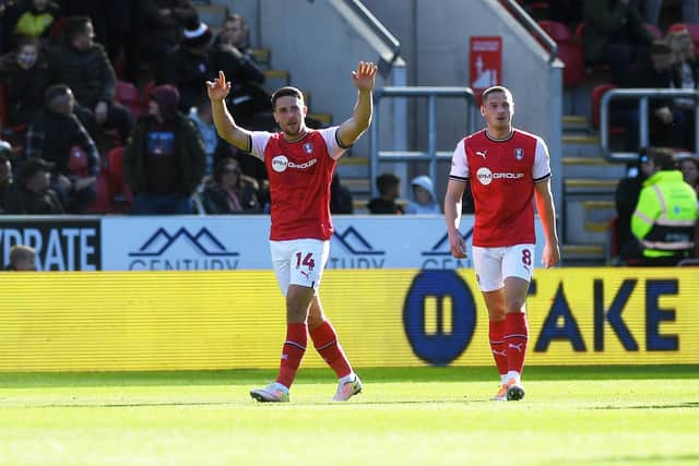 Rotherham United's Conor Washington celebrates his opener against Huddersfield Town. Picture: Jonathan Gawthorpe.