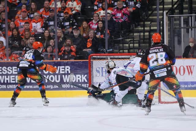 STARTING POINT: Brandon Whistle fires home one of his two goals in Sheffield Steelers' 4-2 win at home to Manchester Storm on Sunday night. Picture courtesy of Hayley Roberts/Steelers Media/EIHL