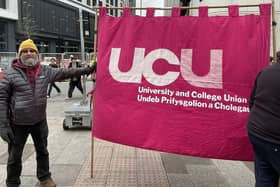 Protesters from the National Education Union (NEU), Trades Union Congress (TUC), Public and Commercial Services (PCS), and University and College Union (UCU), gather at a TUC rally. PIC: PA