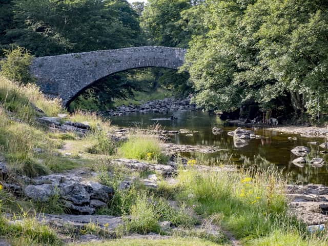 Stainforth Force and the Old Packhorse Bridge over the River Ribble at Stainforth near Settle