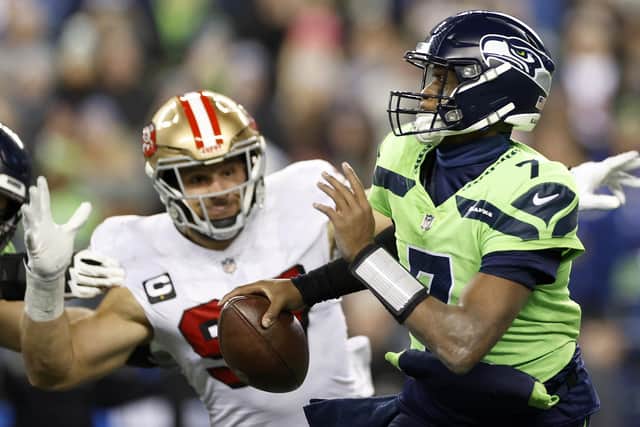 Nick Bosa has 18.5 sacks for the San Francisco 49ers in 2022. He is pictured pressuring quarterback Geno Smith #7 of the Seattle Seahawks. (Picture: Steph Chambers/Getty Images)