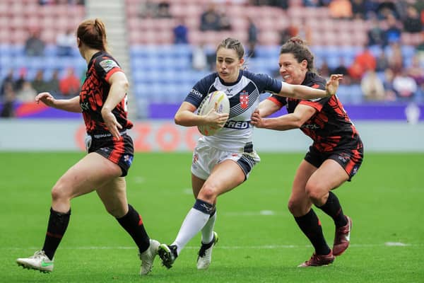 One to watch: England’s Fran Goldthorp runs in for a try against Canada in the 2021 RLWC last year. What does 2023 hold for her? (Picture: Alex Whitehead/SWpix.com)
