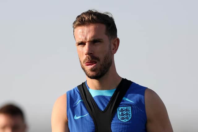 DOHA, QATAR - NOVEMBER 28: Jordan Henderson of England looks on during the England Training Session on match day -1 at Al Wakrah Stadium on November 28, 2022 in Doha, Qatar. (Photo by Alex Pantling/Getty Images)