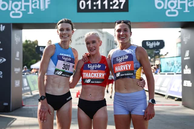 Calli Hauger-Thackery, cemtre, after competing the Half Marathon in London last year (Picture: HENRY NICHOLLS/AFP via Getty Images)